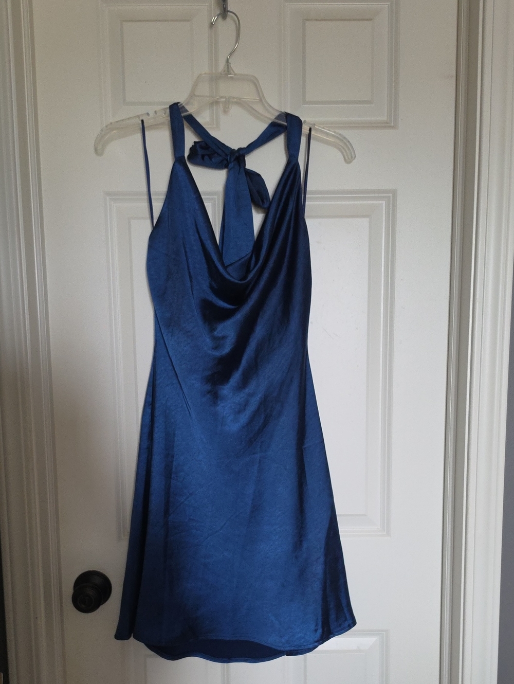 Blue Satin Cowl Neck Homecoming Dress with Tie Back